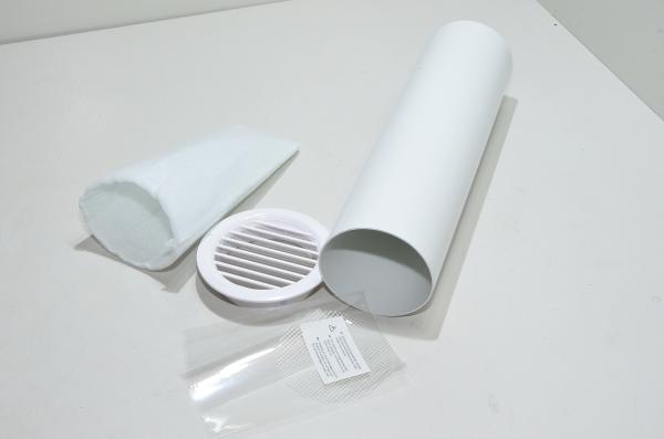 100x370 mm white plastic ventilation tube + external grille + coarse filter + insect mesh + mounting frame with sealing cap *new*